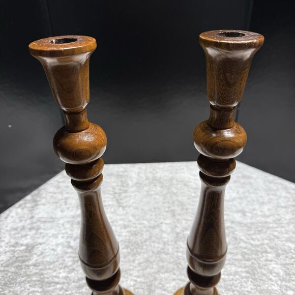 Vintage hand turned wooden Pair of candlesticks 15.5” T Excellent Timeless - Picture 9 of 13